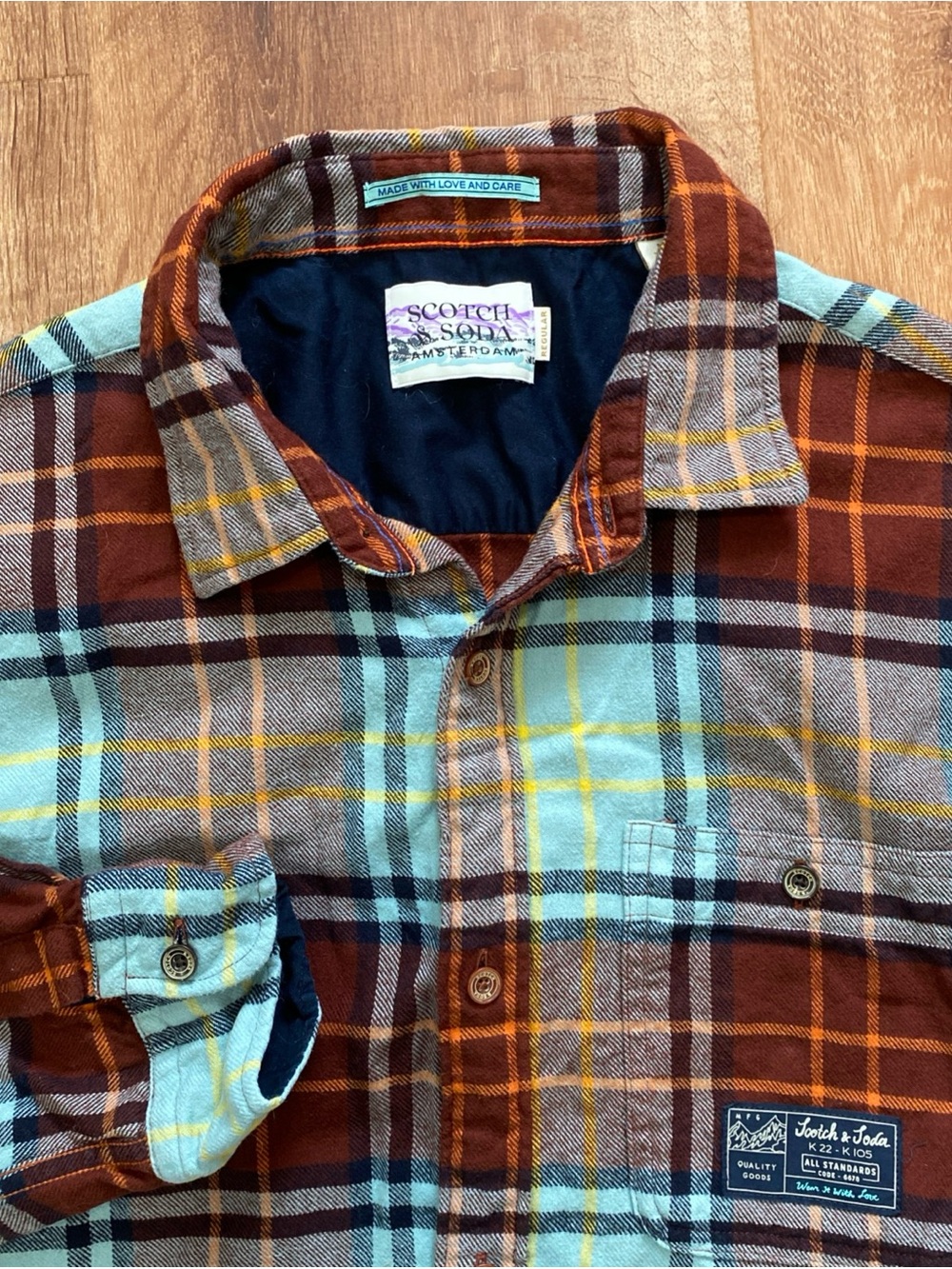 Scotch & Soda Flannel Shirt Mens Medium Long Sleeve Button Up Plaid Brown Blue
